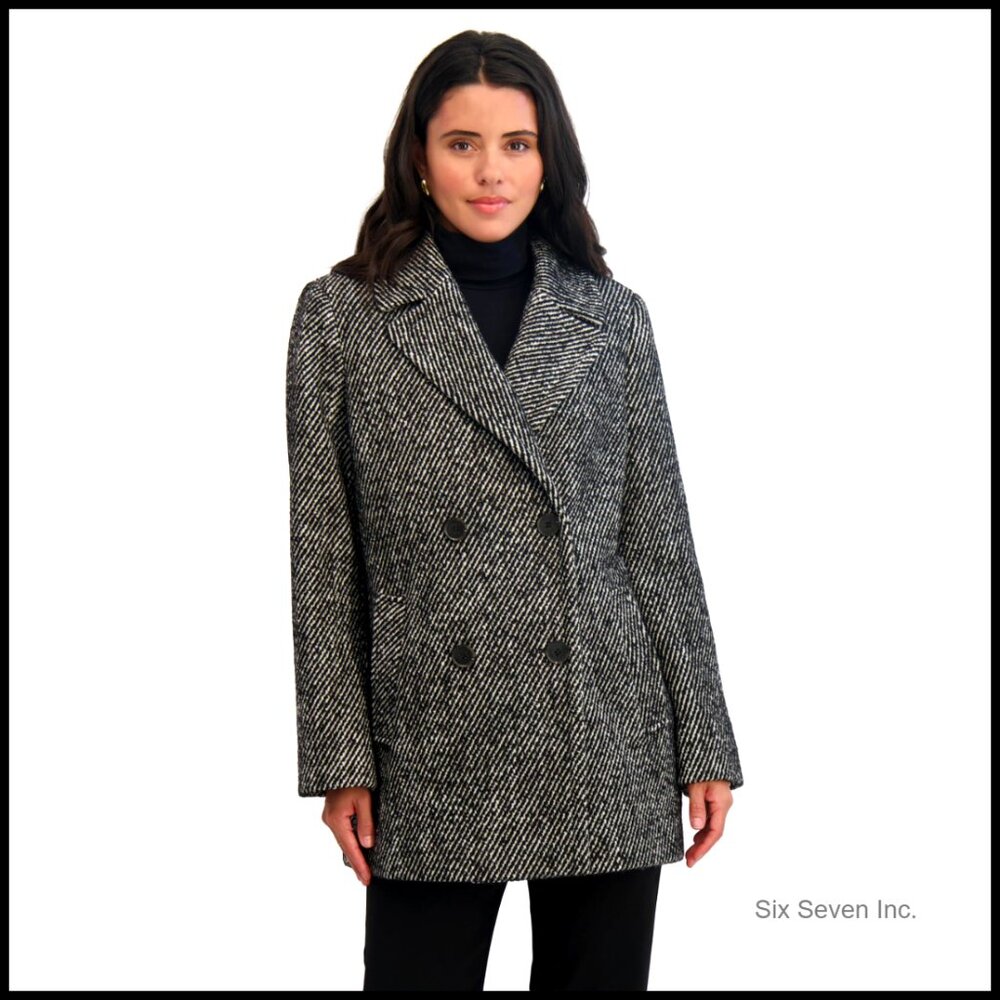 Double-Breasted Twill Wool Blend Coat, Fully Lined, Notched Collar